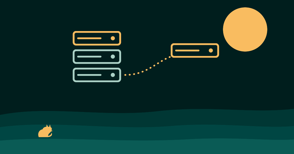 Illustration of stacked backup drives with one copy on a distant hill, on a moorland background
