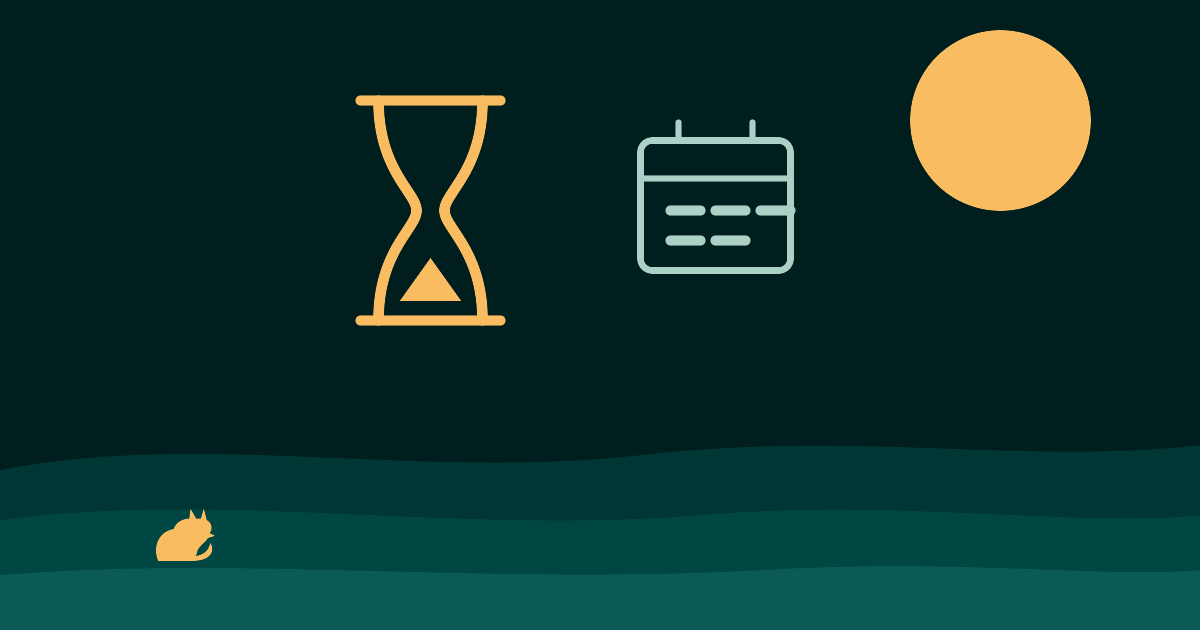 Illustration of an hourglass and a calendar on a moorland background