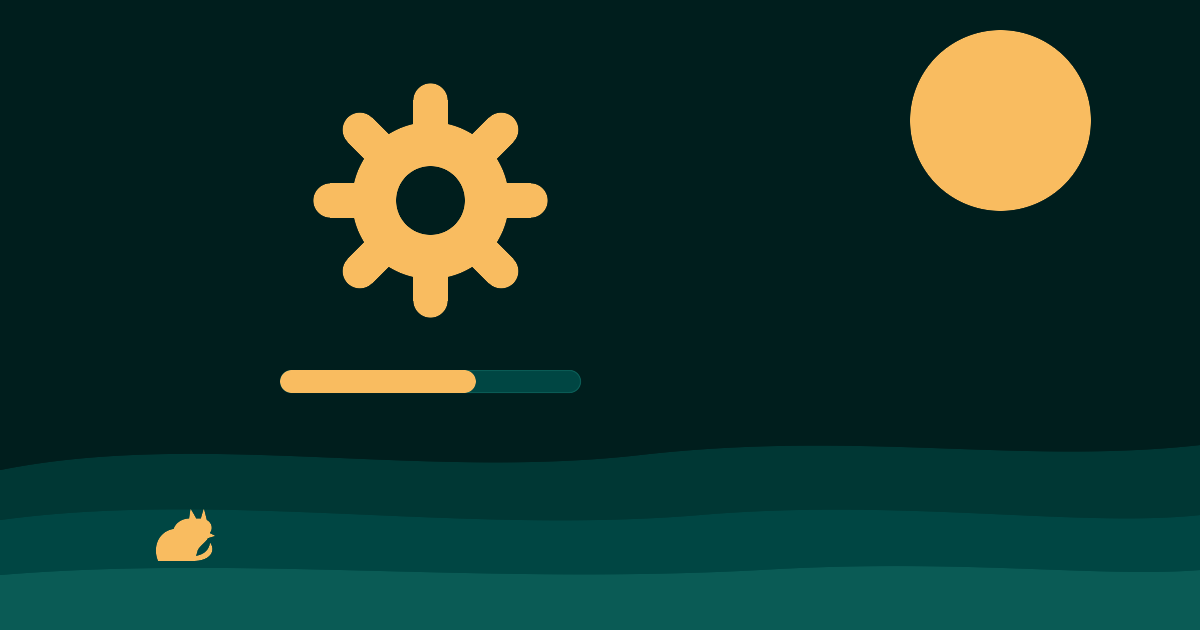 Illustration of a gear above a half-full progress bar on a moorland background