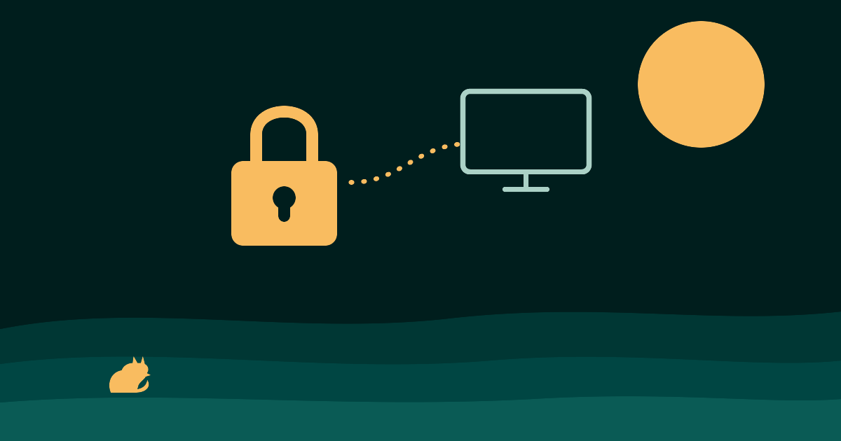 Illustration of a padlock linked to a distant monitor on a moorland background