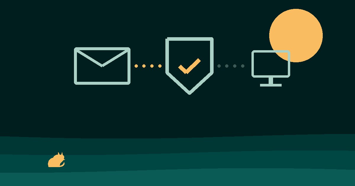 An envelope passing a shield with a tick before reaching a mail server