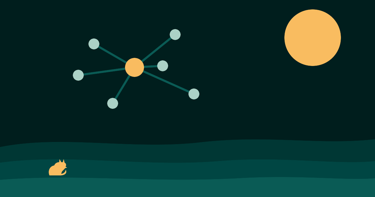 Illustration of network nodes joined to a central hub on a moorland background