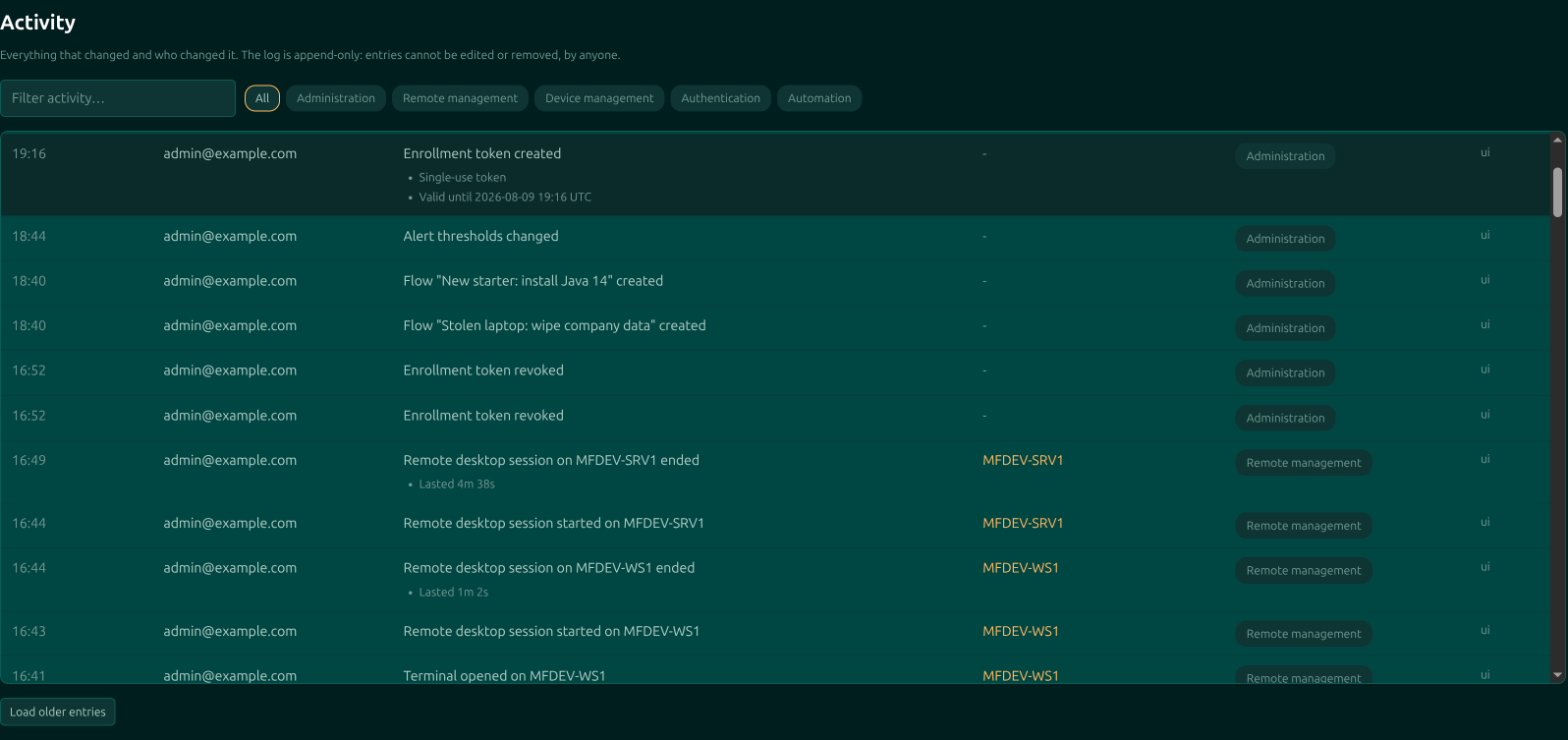 The Moorfox activity page listing enrollment tokens created, flows created, and remote desktop sessions with their durations, each attributed to a user and filterable by category