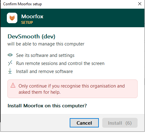 The Confirm Moorfox setup window naming the organisation, listing what it will be able to do, with a caution line and an Install button counting down