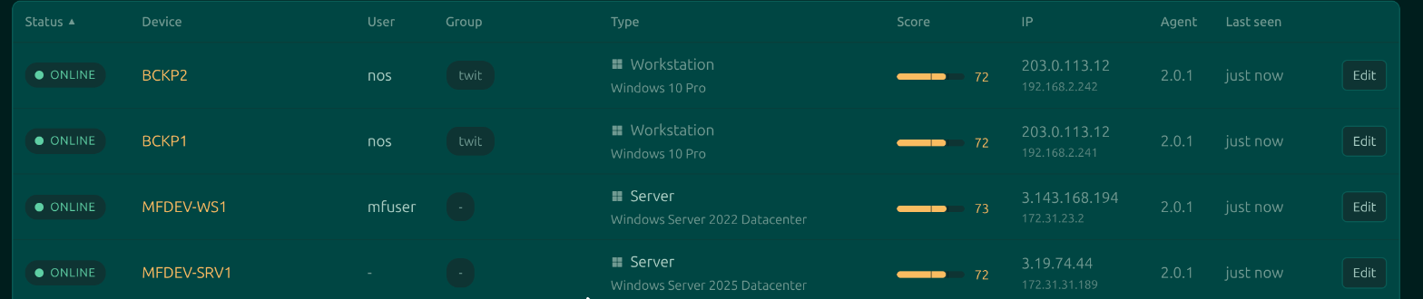 The Moorfox device list with a newly enrolled machine showing an online pill, hostname, user, type and last-seen time