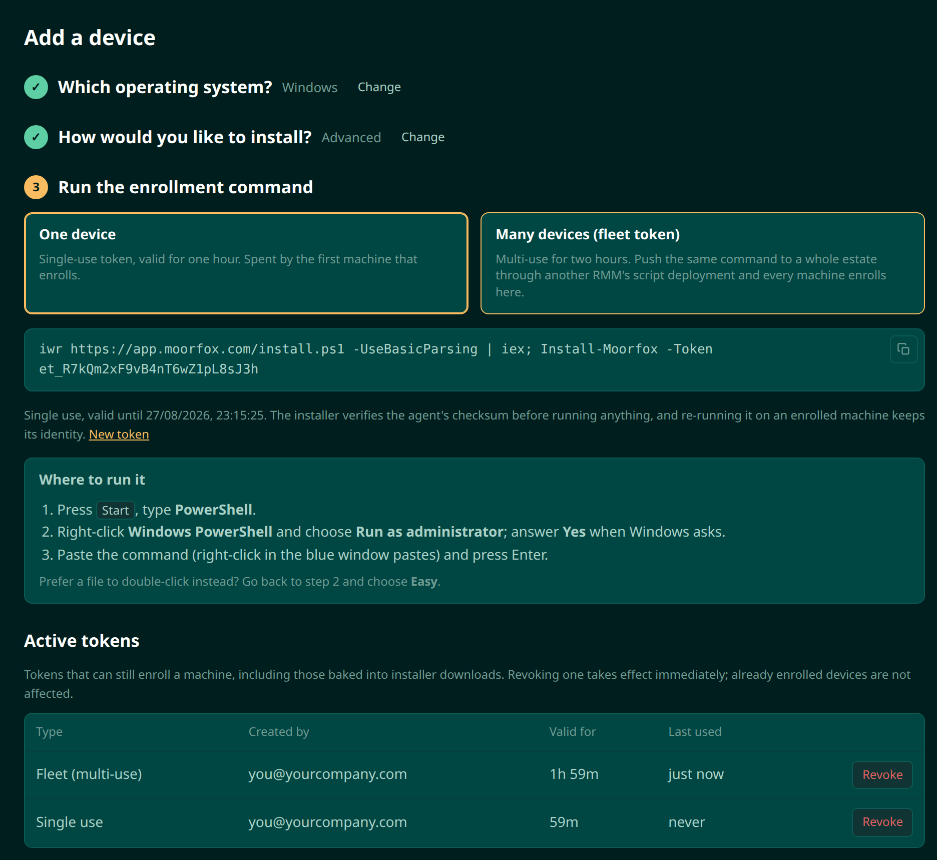 The Advanced step showing the token type radio buttons above the generated install command