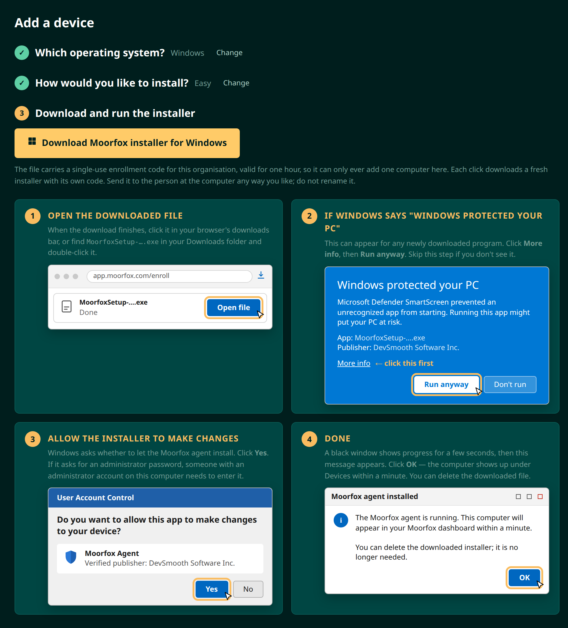 The Easy step showing the Download Moorfox installer button above illustrated Windows dialogs