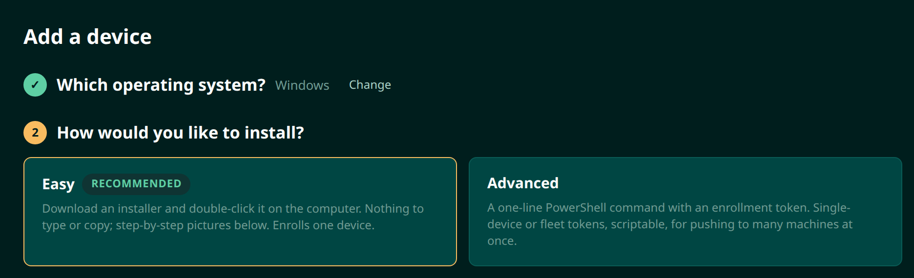 The Moorfox add-a-device wizard with the operating system already chosen, offering an Easy installer download and an Advanced one-line command
