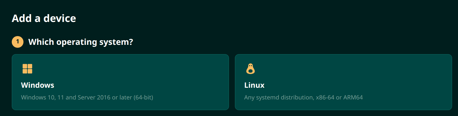 Step 1 of the Add device wizard offering a Windows card and a Linux card