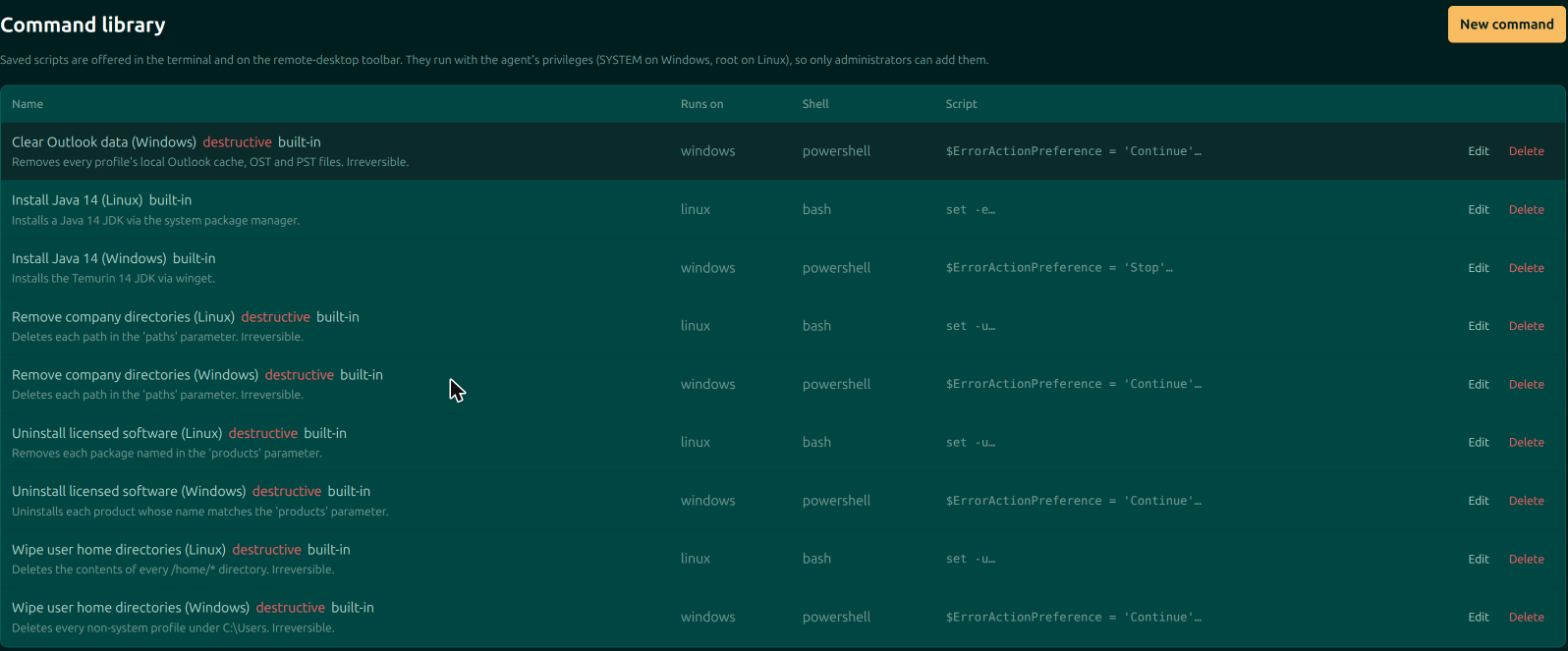 The Moorfox command library listing saved commands with their name, target platform, shell and the first line of the script