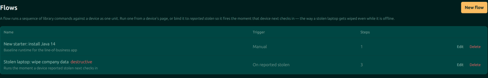 The Moorfox Flows page listing flows with their name, trigger and step count