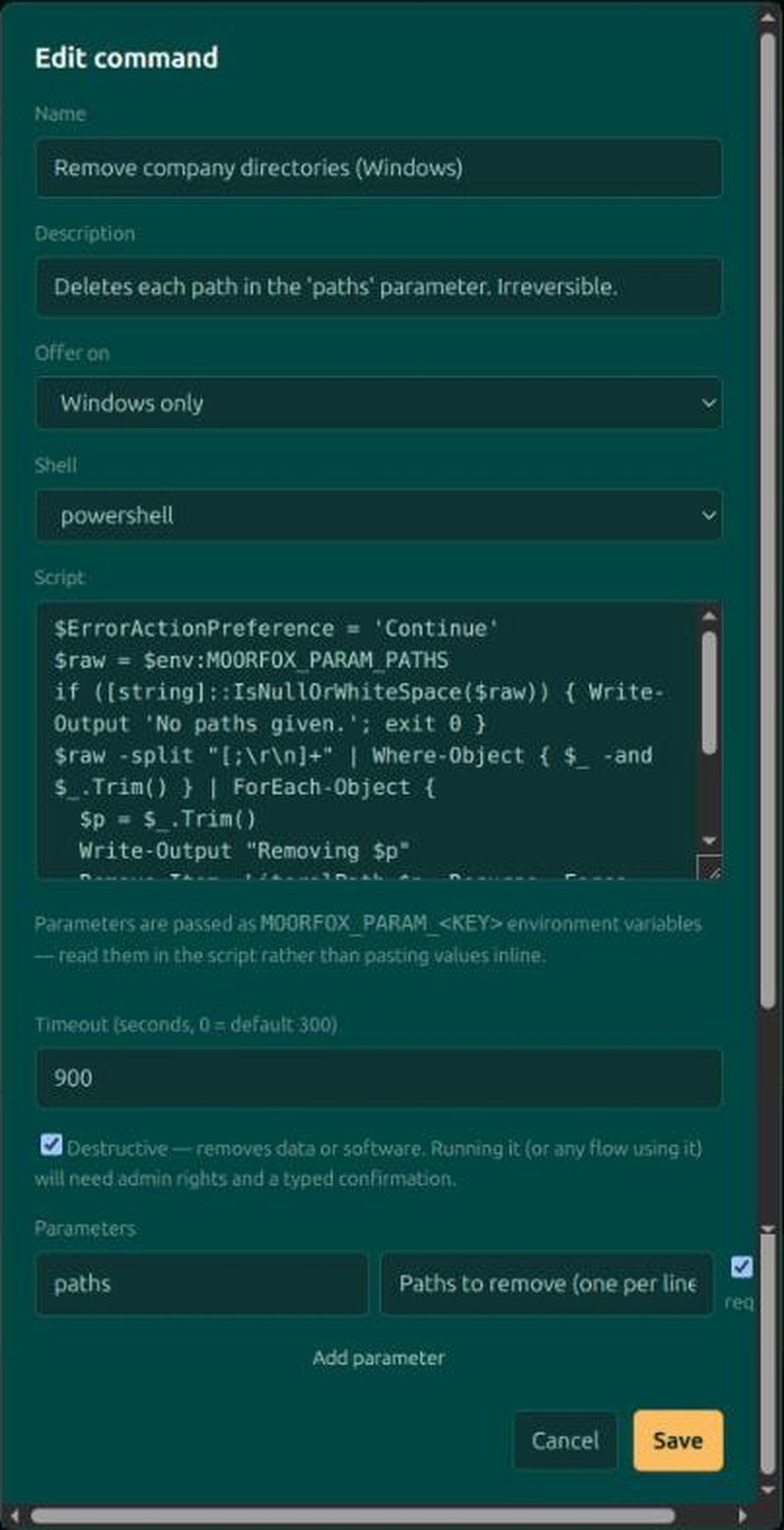 The New command dialog with name, description, Offer on, shell, script, timeout, destructive checkbox and parameter fields