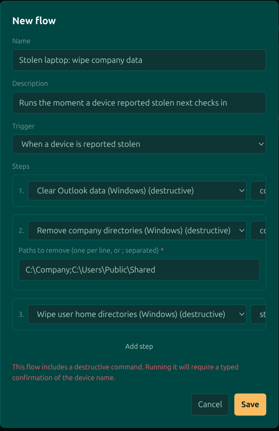 The Moorfox new flow dialog: a flow named 'Stolen laptop: wipe company data', triggered when a device is reported stolen, with destructive steps and a warning that running it requires a typed confirmation of the device name