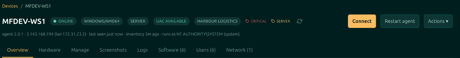 A Moorfox device page header showing the hostname, status pills, and the Connect, Restart agent and Actions buttons