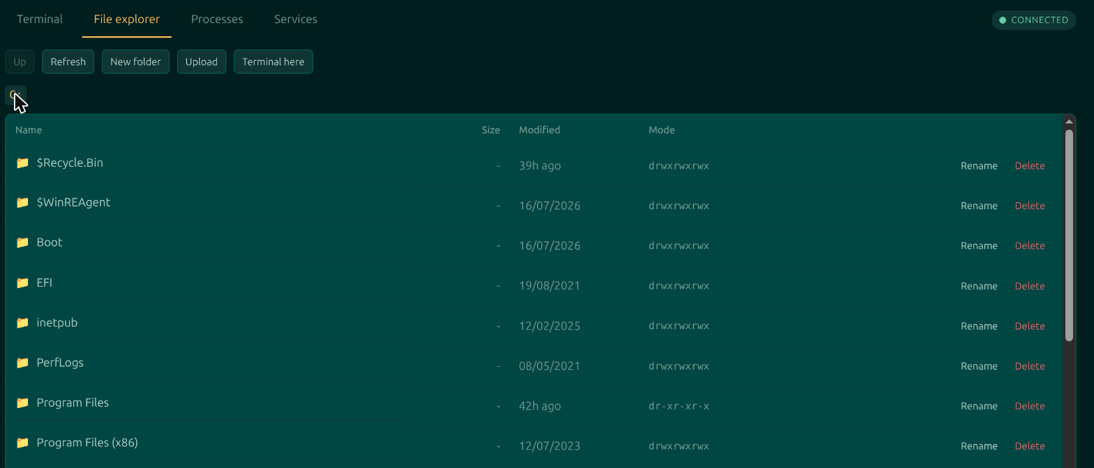 The Moorfox file explorer showing the C: drive listing with name, size, modified and mode columns, a breadcrumb path, and Up, Refresh, New folder, Upload and Terminal here buttons