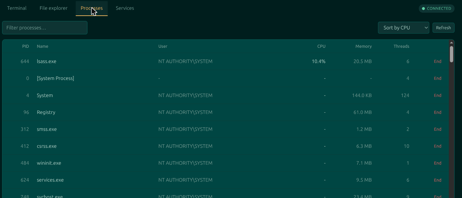 The Moorfox process list sorted by CPU, showing PID, name, user, CPU, memory and thread columns with a filter box and an End action on each row
