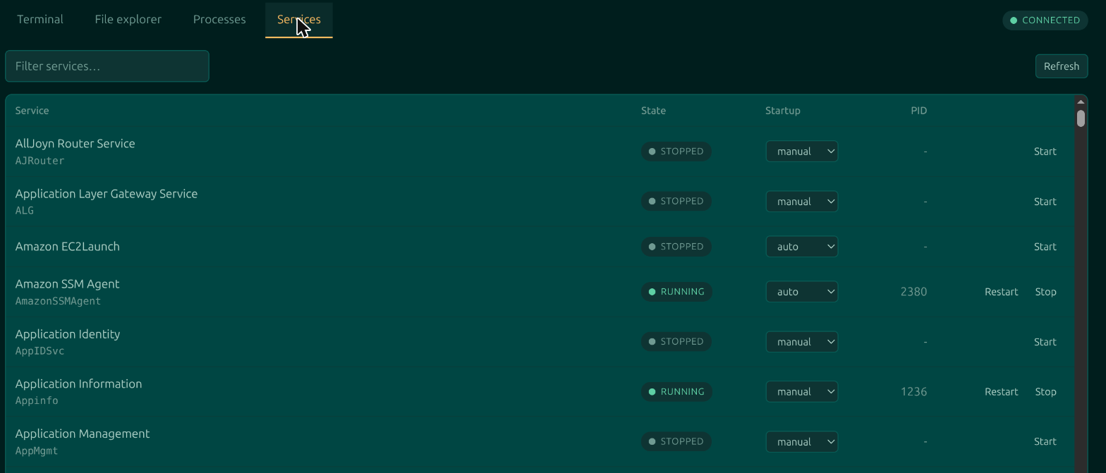 The Moorfox services pane listing services with their state and startup type, filtered