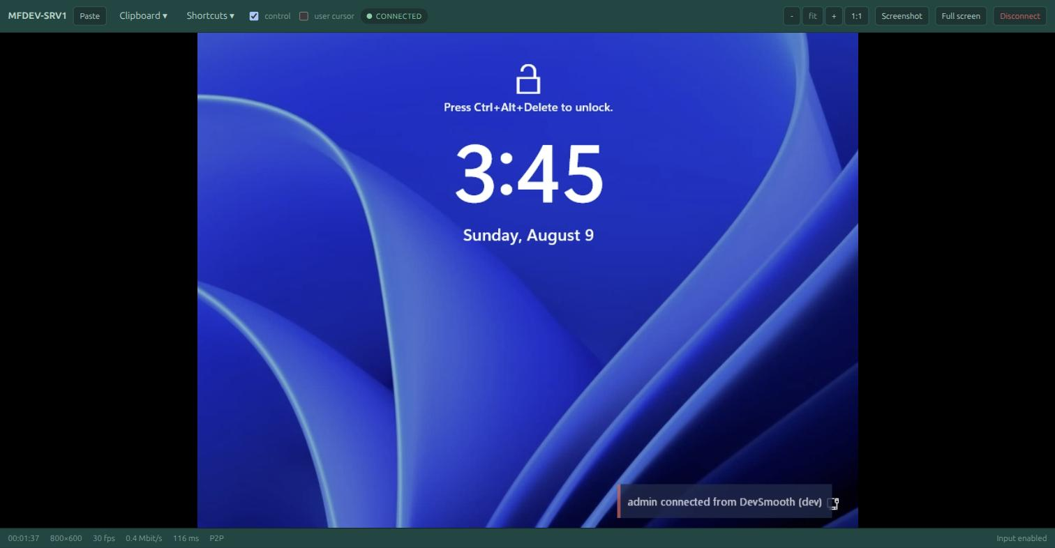 A Moorfox remote desktop session showing a Windows Server lock screen, with a toolbar for clipboard, shortcuts and screenshots, and a status bar showing 30 fps and a peer-to-peer connection
