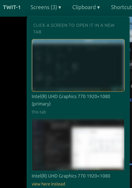 The Moorfox Screens menu open in a remote session on a three-monitor machine, listing displays with blurred live thumbnails, each with options to open it in a new tab or view it in the current tab