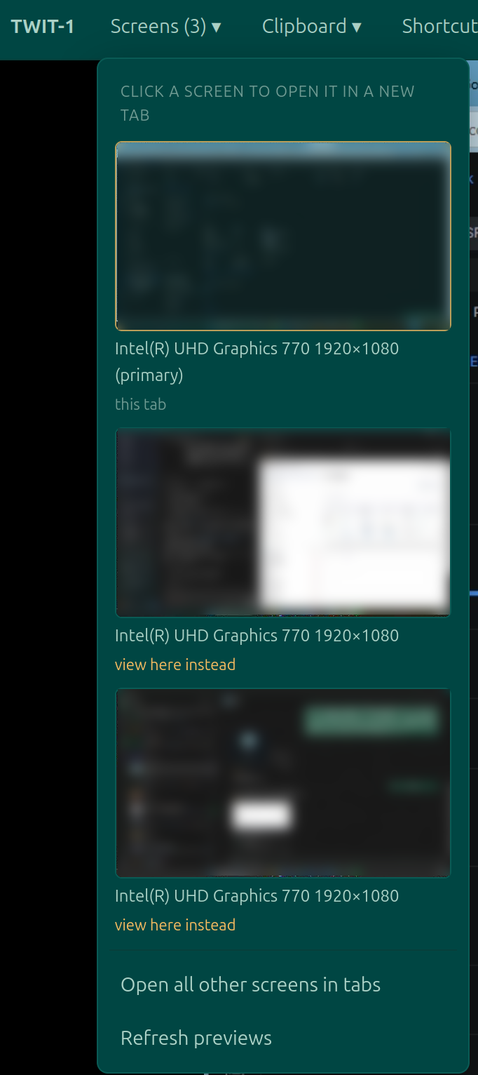 The Moorfox Screens menu in a remote session, listing three displays with blurred live thumbnails and options to open each in a new tab, view it in the current tab, or open all other screens in tabs