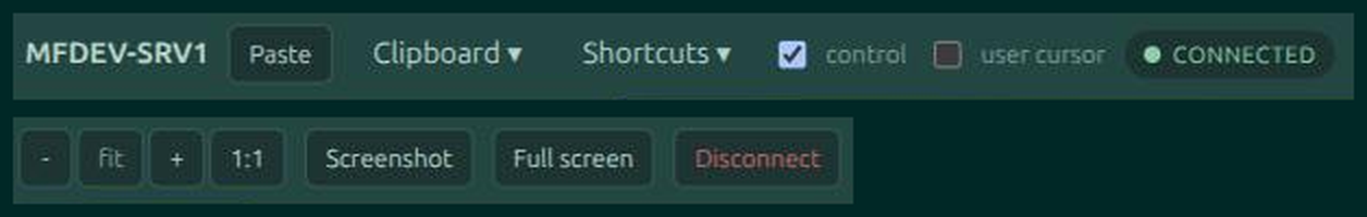 Close-up of the Moorfox remote session toolbar showing Paste, Clipboard, Shortcuts, Commands, the control checkbox, connection pill, zoom controls, Screenshot, Full screen and Disconnect