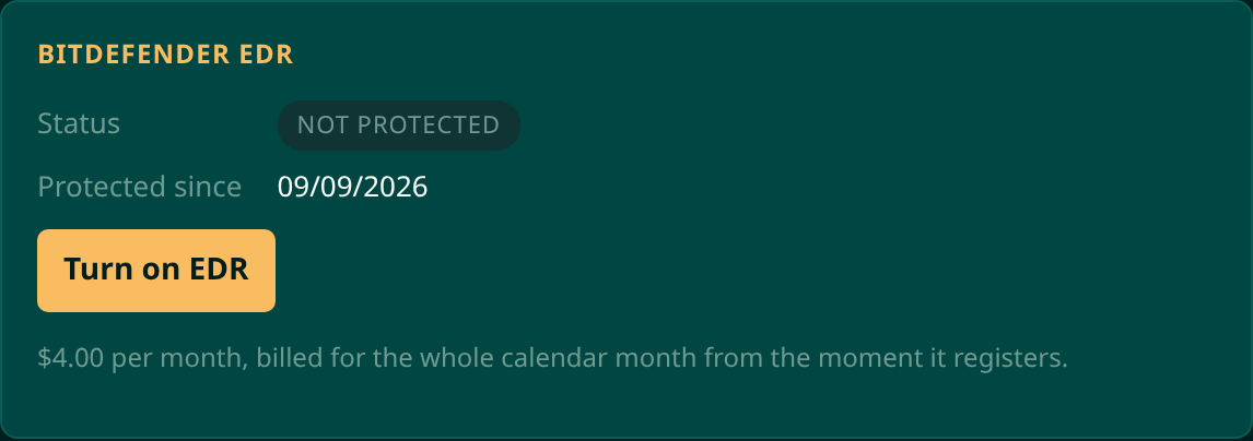 The Bitdefender EDR card on a Moorfox device page reading Not protected, with a Turn on EDR button and the price of four dollars per month beneath it