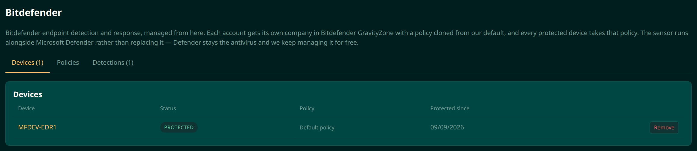 The Moorfox Bitdefender page with tabs for Devices, Policies and Detections, listing a protected device with its status, policy and the date protection started