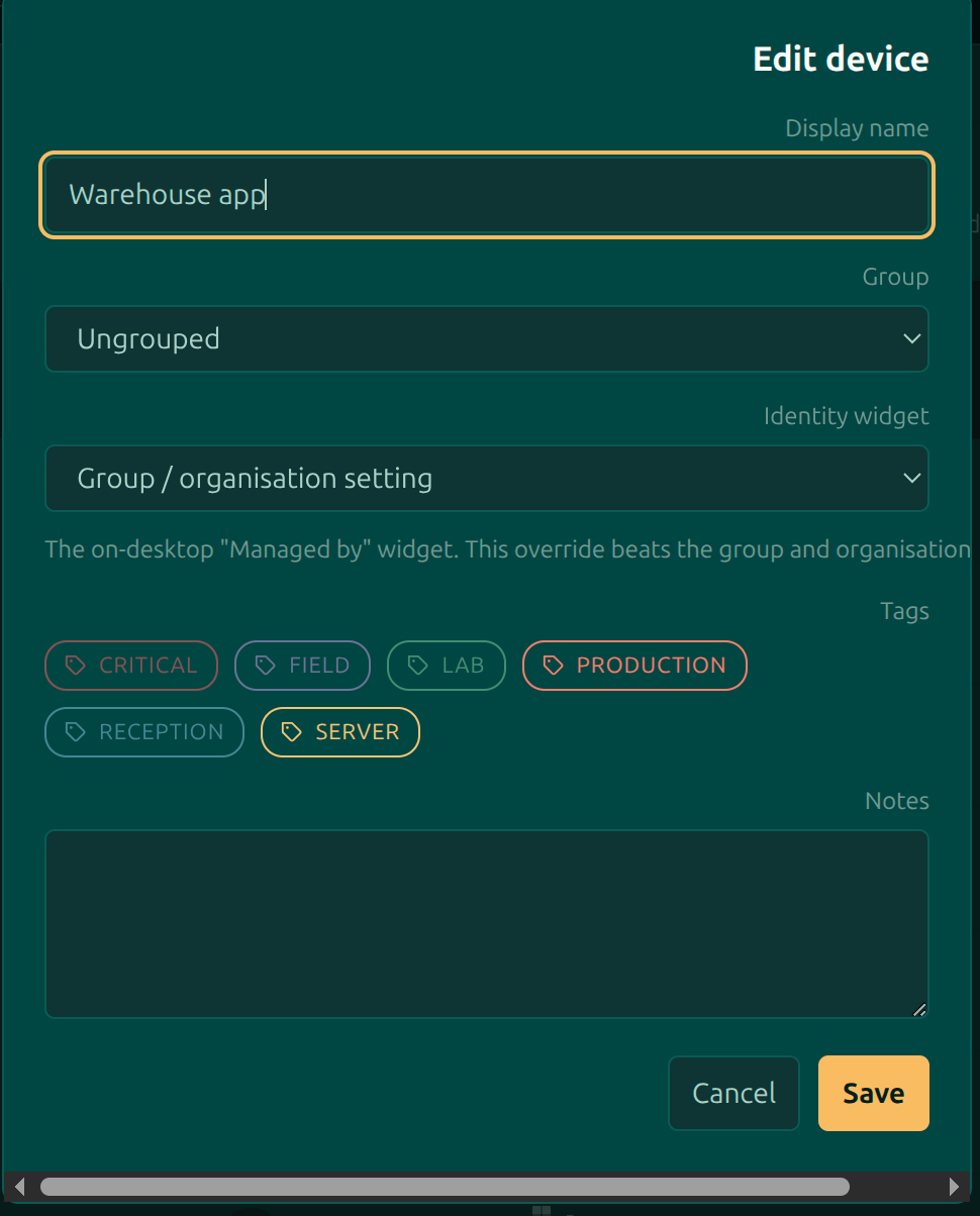 The Edit device dialog showing the display name, group selector, tag checkboxes and notes field