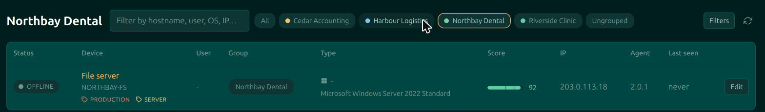 The Moorfox device list filtered to one group, with the group badge selected in the badge row above the table