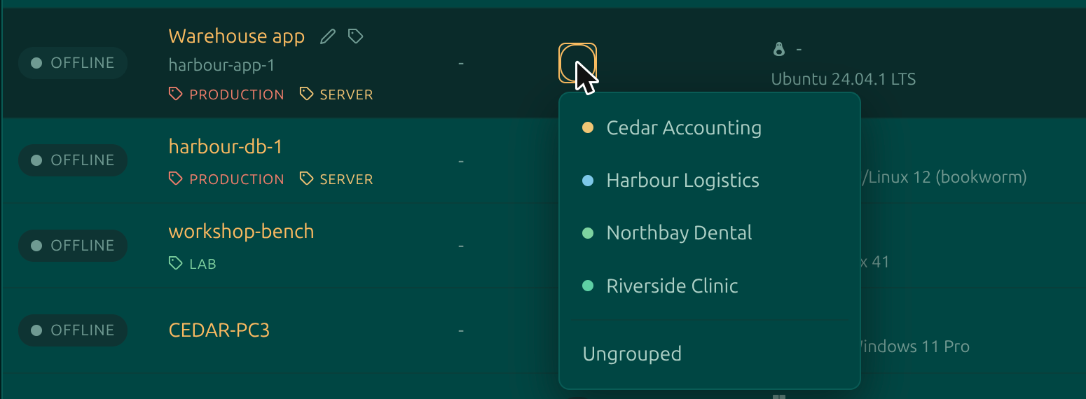 A device row in Moorfox with the Group column dropdown open, listing groups with colour dots plus an Ungrouped option