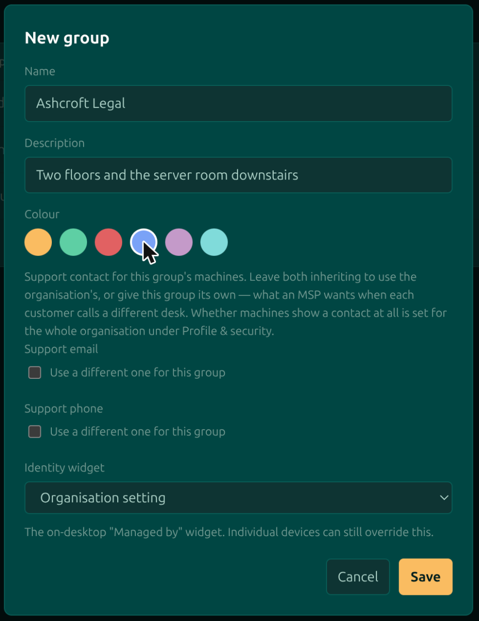 The New group dialog with name, description, colour swatches, support email and phone overrides and the identity widget setting