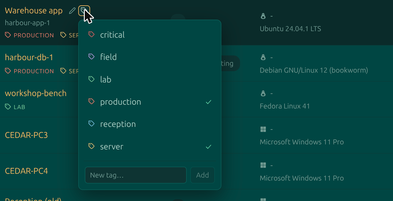 The tag menu open on a device row, showing existing tags with tick marks and a New tag input at the bottom
