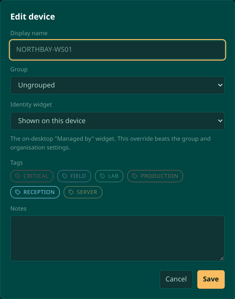 The Edit device dialog with the identity widget set to Shown on this device
