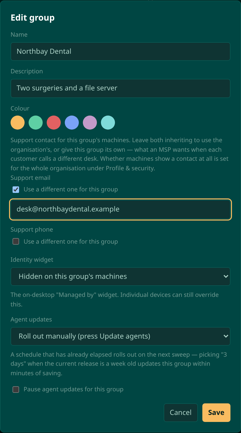 The Edit group dialog with a support email specific to the group and the identity widget set to Hidden on this group's machines