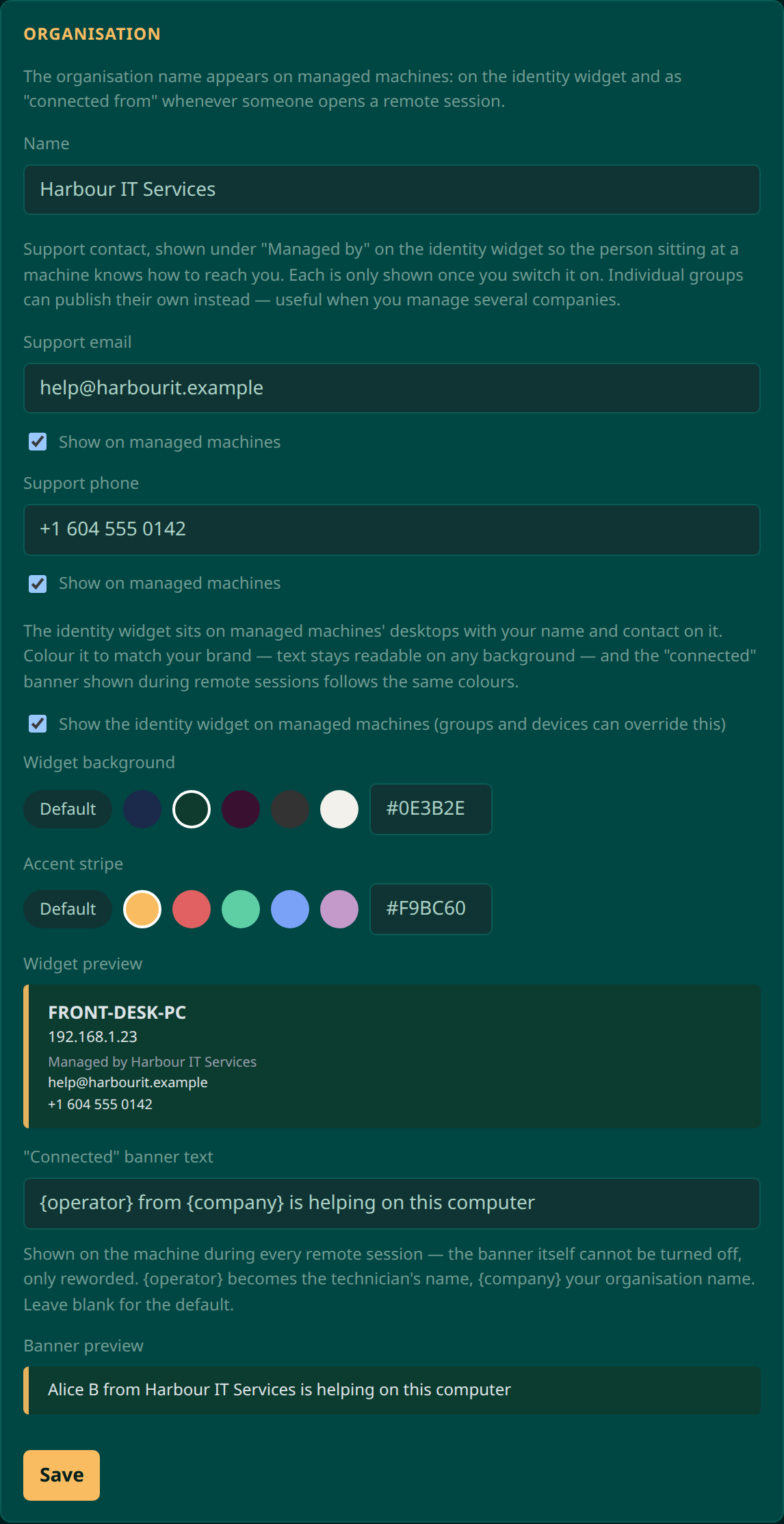 The Organisation settings card with name, support email and phone, colour swatches for the widget background and accent stripe, a live widget preview and a banner preview