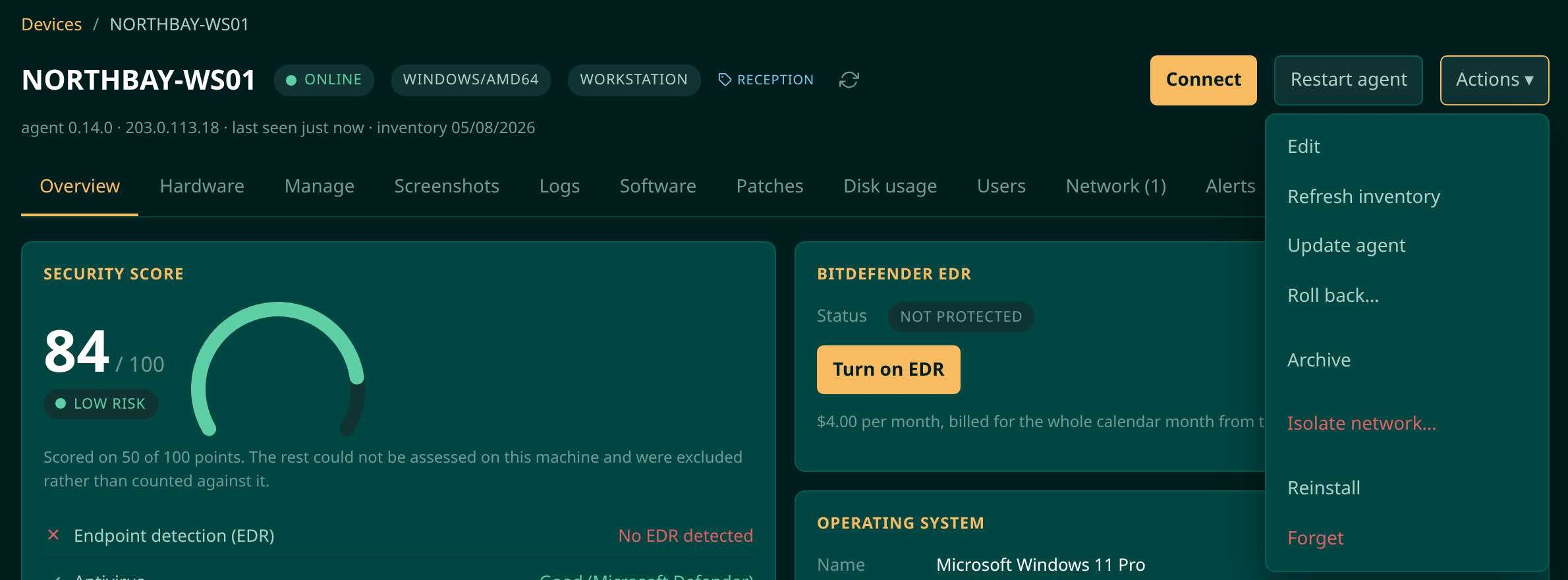 The Actions menu on a Moorfox device page, with Isolate network highlighted in red below the housekeeping items