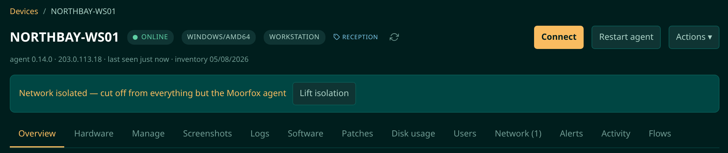 A Moorfox device page with a banner reading Network isolated, cut off from everything but the Moorfox agent, and a Lift isolation button beside it