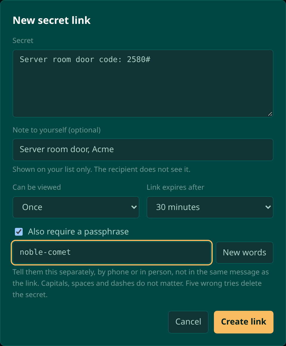 The New secret link dialog with a door code as the secret, a note, views set to Once, expiry 30 minutes and the passphrase noble-comet