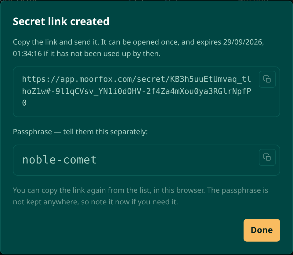 The Secret link created dialog showing the link and the passphrase noble-comet, each with a copy button