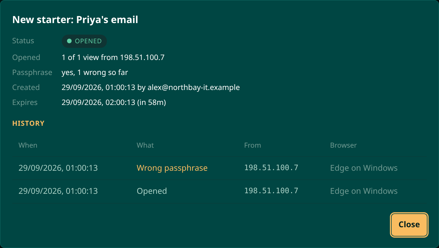 A secret's history showing a wrong passphrase and then a successful view, both from 198.51.100.7 using Edge on Windows