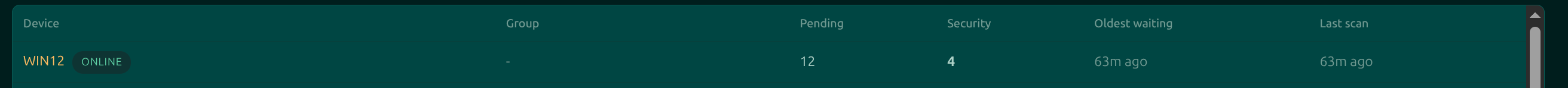 The Moorfox patching page device table showing a Windows machine with 12 pending updates, 4 of them security, oldest waiting 63 minutes, last scanned 63 minutes ago