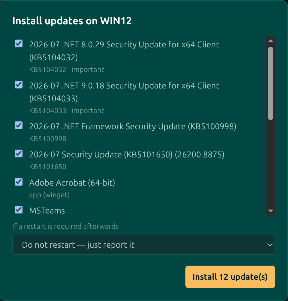 The Install updates dialog listing pending updates with tick boxes, a restart dropdown set to do not restart and just report it, and an Install 12 updates button