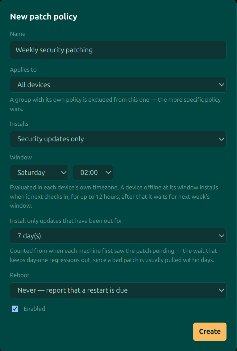 The Moorfox new patch policy dialog: security updates only, a Saturday 02:00 window evaluated in each device's own timezone, and a seven day wait counted from when each machine first saw the update pending