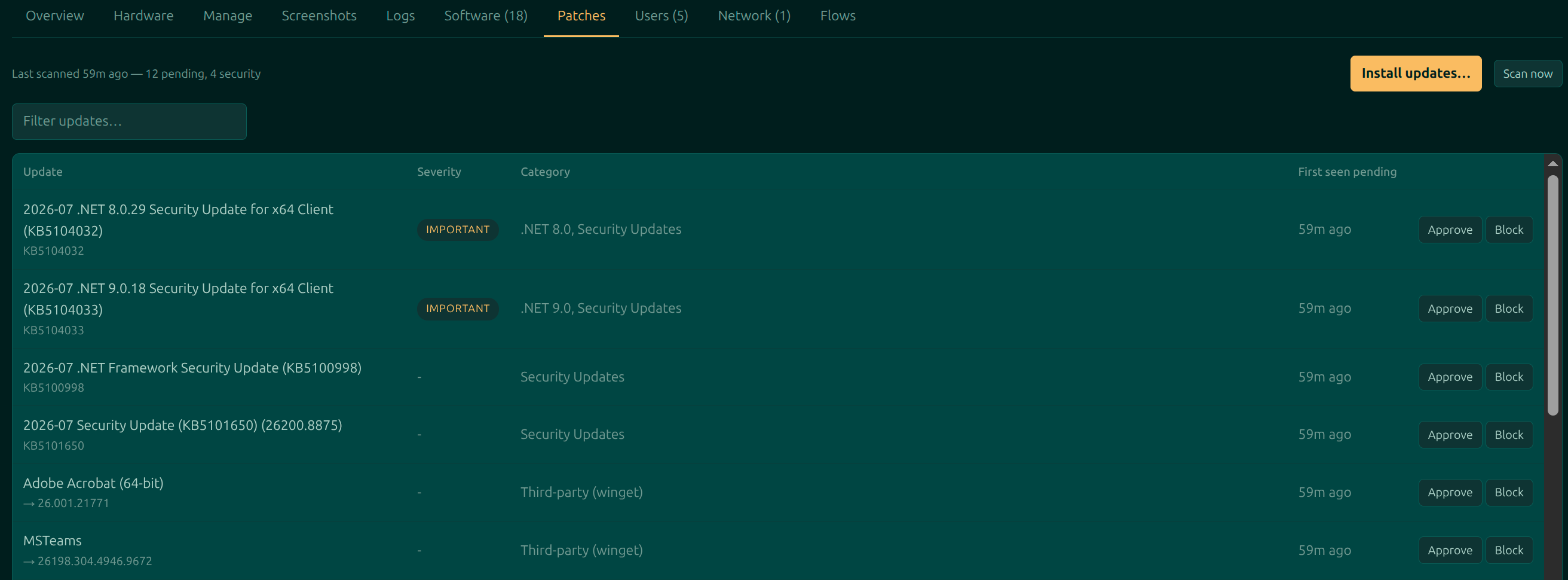 The Patches tab of a Moorfox device showing four pending Windows security updates and two third-party winget applications, each with a first-seen time and Approve and Block buttons