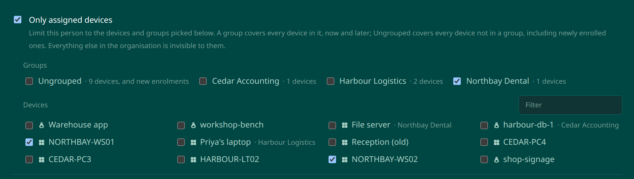 The Only assigned devices section of the permissions editor, with the Northbay Dental group and two individual workstations ticked