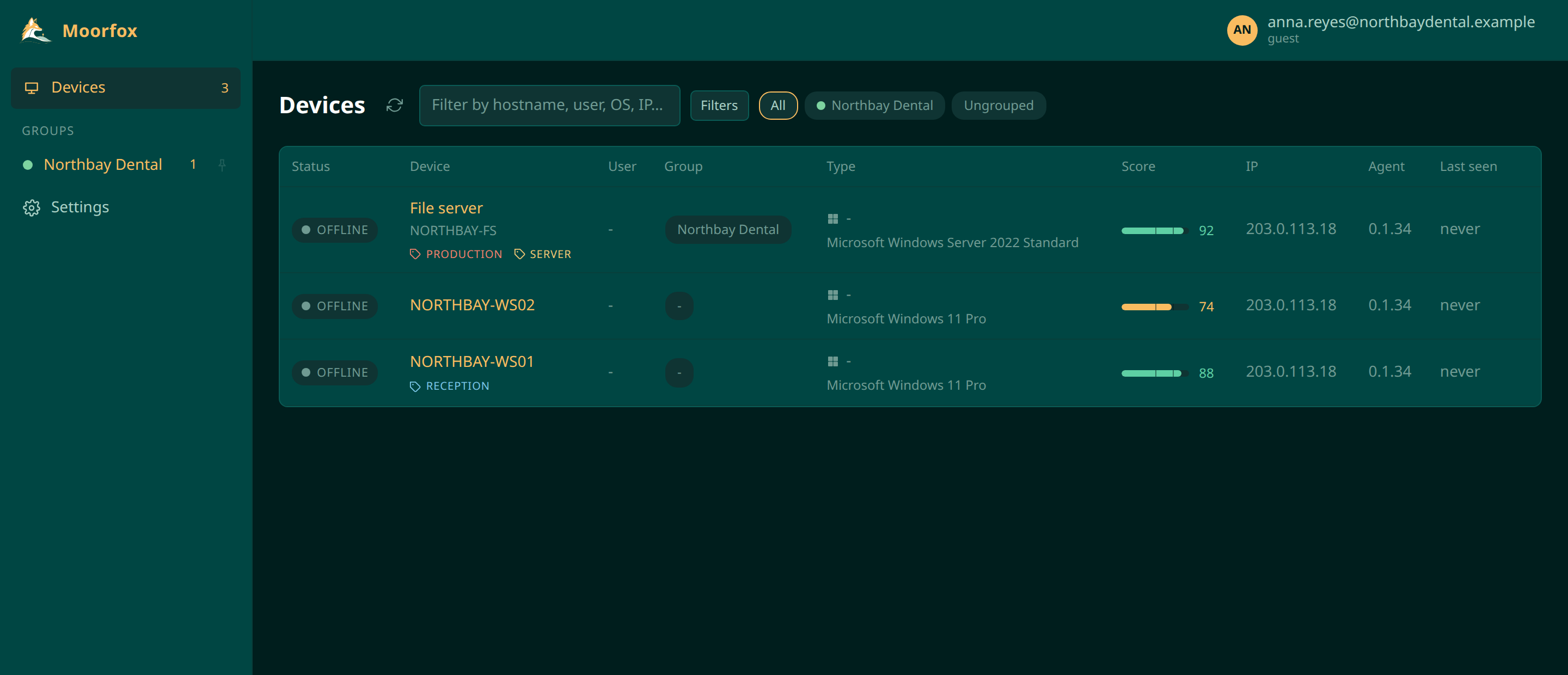 The Moorfox dashboard as a guest sees it: a sidebar with only Devices and Settings, and a device list of three machines