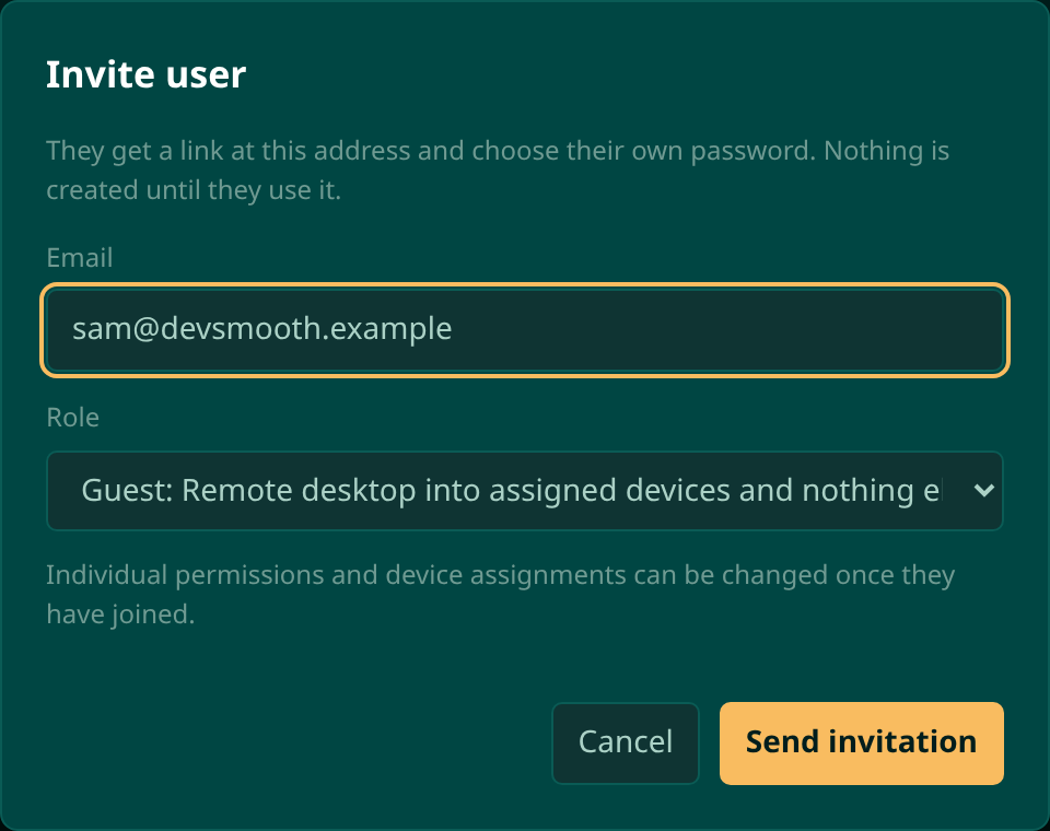 The Invite user dialog with an email address filled in and the Guest role selected