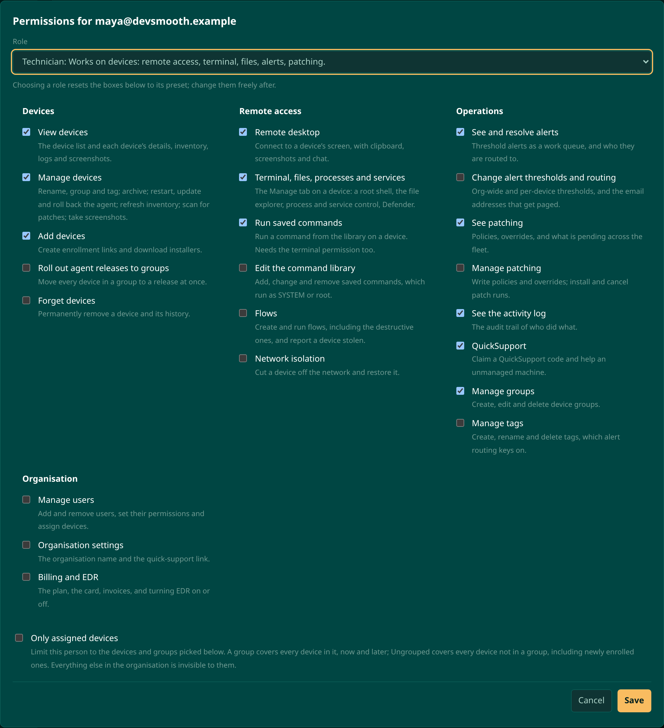 The permissions editor for a technician, with checkboxes grouped under Devices, Remote access, Operations and Organisation, and Add devices ticked in addition to the technician preset