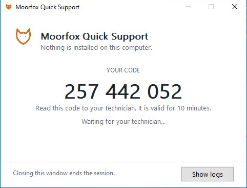 The Moorfox QuickSupport window on a customer's desktop showing a nine-digit code and the note that nothing is installed on this computer
