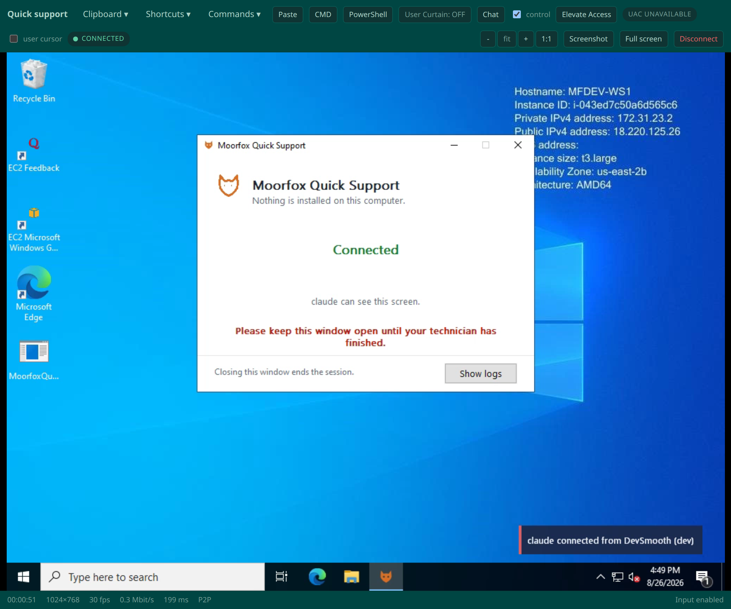 A Moorfox attended session in the browser showing the customer's desktop in the session viewer